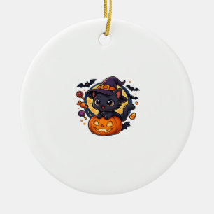 Cute Witch Cat on Pumpkin � Halloween Art Oversize Ceramic Ornament