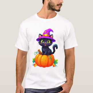 Cute Witch Cat on Pumpkin T-Shirt