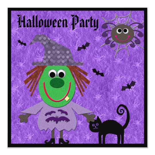 Cute Witch, Cat & Spider Halloween Party Invites