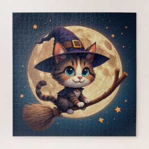 Cute Witch Cat Under Stars And Full Moon 🎃 Jigsaw Puzzle