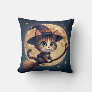 Cute Witch Cat Under Stars And Full Moon 🎃 Throw Pillow