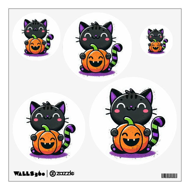 Cute witch cat with a jack'o'lantern - Halloween  Wall Decal (Front)