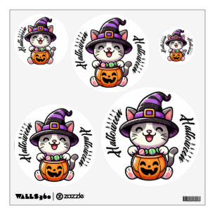 Cute witch cat with a jack'o'lantern - Halloween  Wall Decal