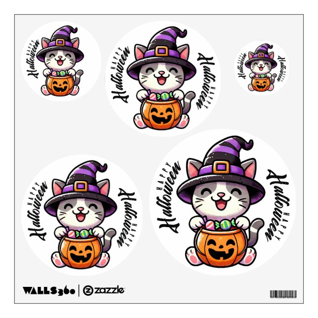 Cute witch cat with a jack'o'lantern - Halloween  Wall Decal (Front)