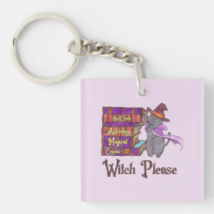 Cute Witch Cat with Books – “Witch Please” Keychain