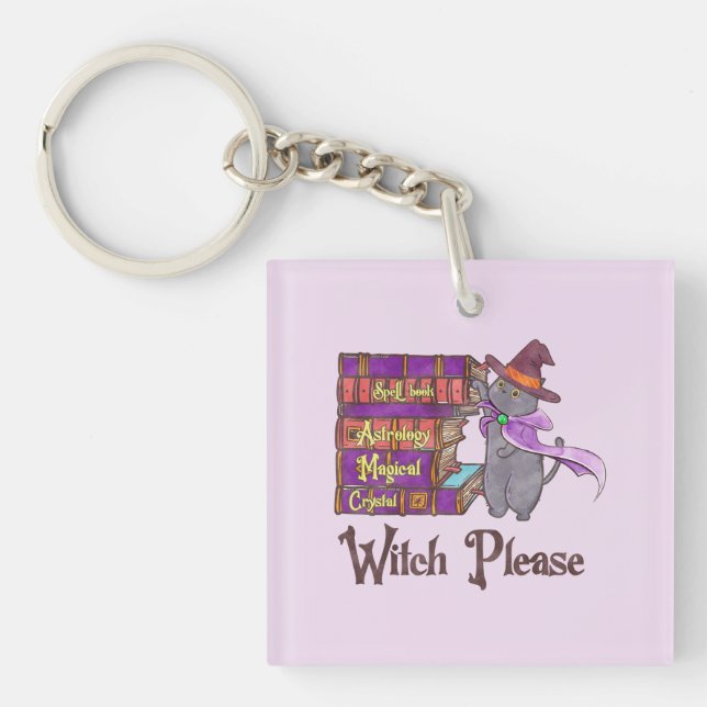 Cute Witch Cat with Books – “Witch Please” Keychain (Front)