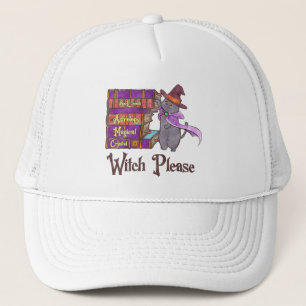 Cute Witch Cat with Books – “Witch Please” Trucker Hat