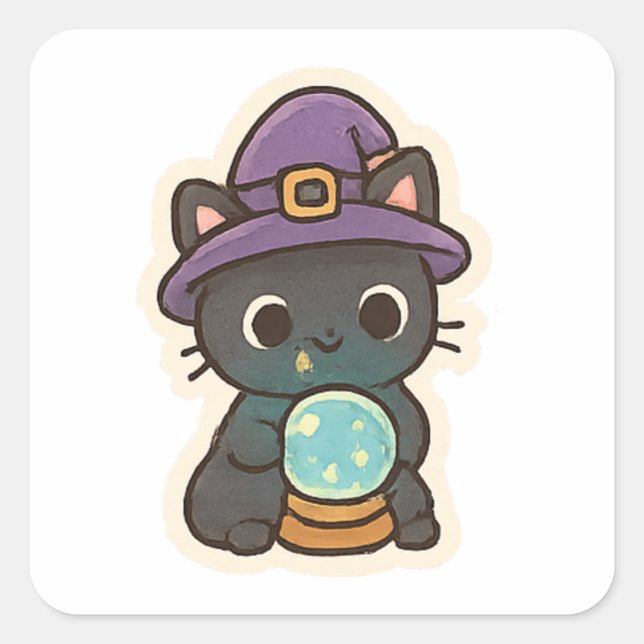 Cute Witch Cat with Crystal Ball Kawaii  Square Sticker (Front)