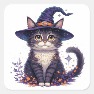 Cute Witch Cat With Stars And Autumn Leaves 🎃 Square Sticker
