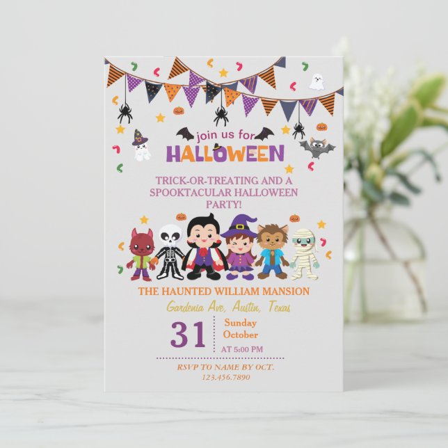 Cute Witch Costume Halloween Party For Kids Invitation (Standing Front)