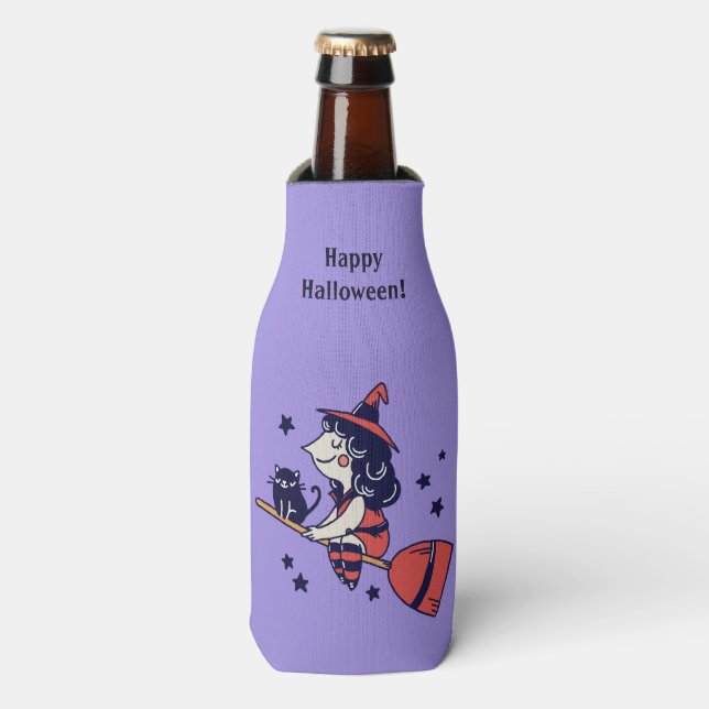Cute Witch custom name Halloween bottle cooler (Bottle Front)