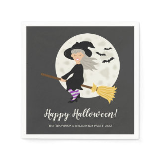 Cute Witch Flying On A Broom Halloween Party Napkins