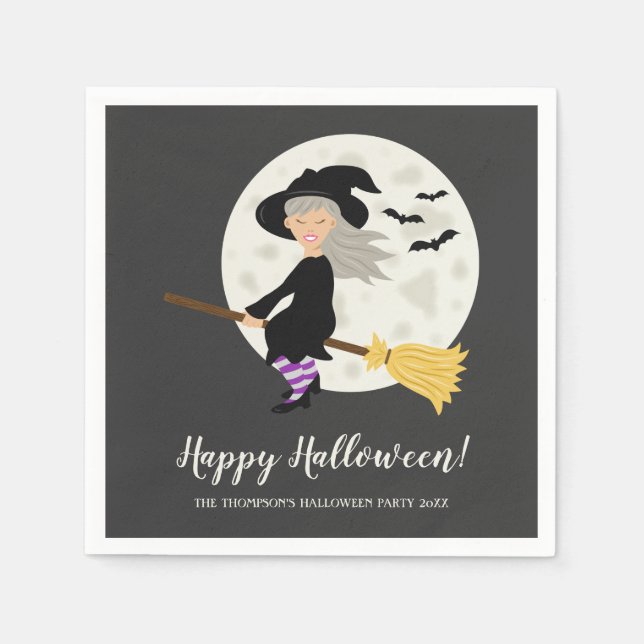 Cute Witch Flying On A Broom Halloween Party Napkins (Front)