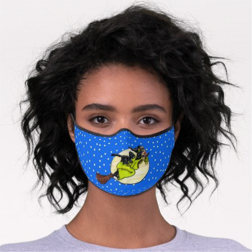 Cute Witch Flying on Broom Black Cat Moon Stars Premium Face Mask