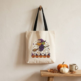 Cute Witch Flying on Broomstick Halloween Tote Bag