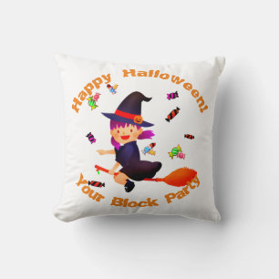 Cute Witch Flying on her Broom Halloween Throw Pillow