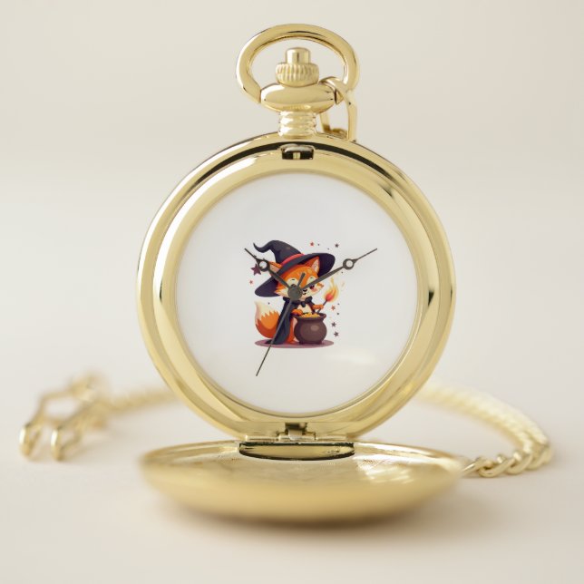 Cute Witch Fox – Magical Halloween Animal Tee Pocket Watch (Inside)