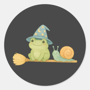 Cute Witch Frog On Broom with Snail Halloween Classic Round Sticker