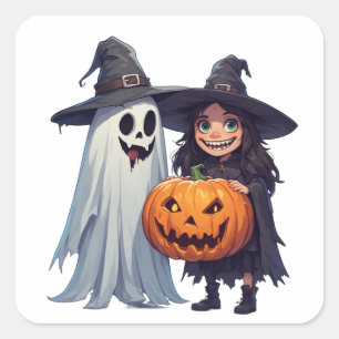 Cute Witch Ghost Pumpkin Halloween 🎃 Square Sticker