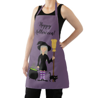 Cute Witch Girl And A Cat &amp; Happy Halloween Text Apron