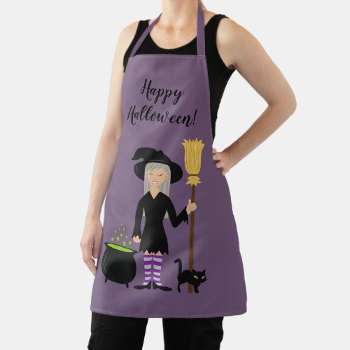 Cute Witch Girl And A Cat  Happy Halloween Text Apron
