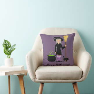 Cute Witch Girl And A Cat &amp; Happy Halloween Text Throw Pillow