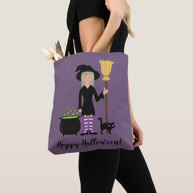 Cute Witch Girl And A Cat Happy Halloween Text Tote Bag (Close Up)