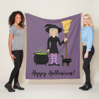 Cute Witch Girl And Cat Happy Halloween Text Fleece Blanket