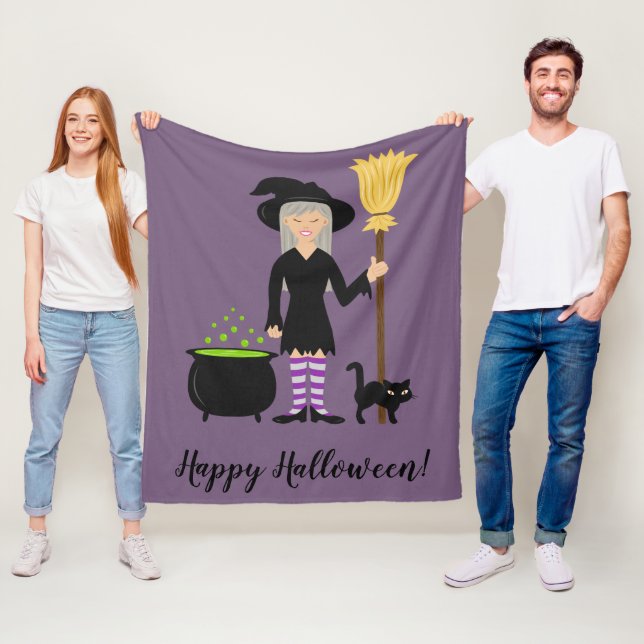 Cute Witch Girl And Cat Happy Halloween Text Fleece Blanket (In Situ)