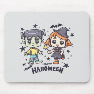 Cute Witch Girl and Mischievous Zombie Boy Mouse Pad
