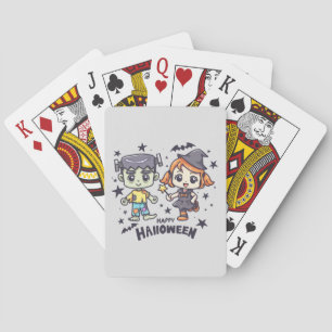 Cute Witch Girl and Mischievous Zombie Boy Poker Cards