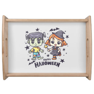 Cute Witch Girl and Mischievous Zombie Boy Serving Tray