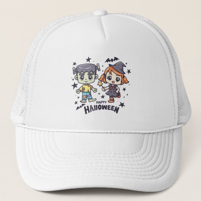 Cute Witch Girl and Mischievous Zombie Boy Trucker Hat (Front)