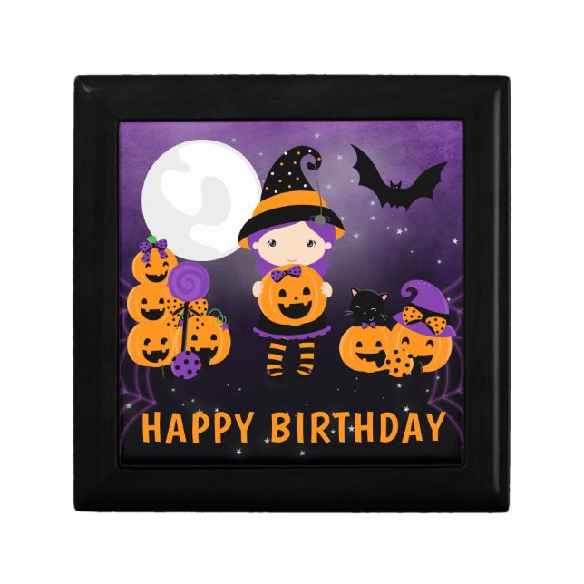 Cute Witch Girl and Pumpkins Happy Birthday Gift Box (Front)