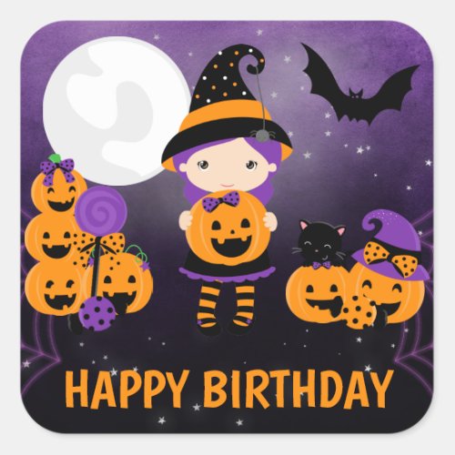 Cute Witch Girl and Pumpkins Happy Birthday Square Sticker