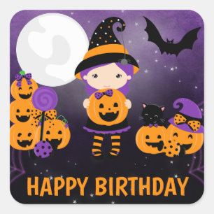 Cute Witch Girl and Pumpkins Happy Birthday Square Sticker