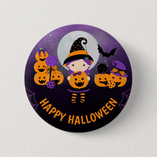 Cute Witch Girl and Pumpkins Happy Halloween Button