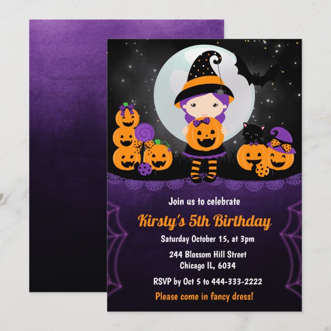 Cute Witch Girl and Pumpkins Kids Birthday Party Invitation (Front/Back)