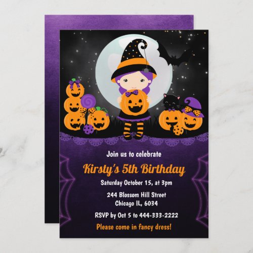 Cute Witch Girl and Pumpkins Kids Birthday Party Invitation