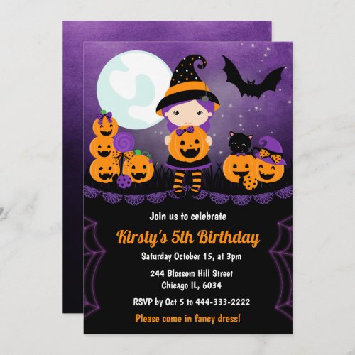 Cute Witch Girl and Pumpkins Kids Birthday Party Invitation