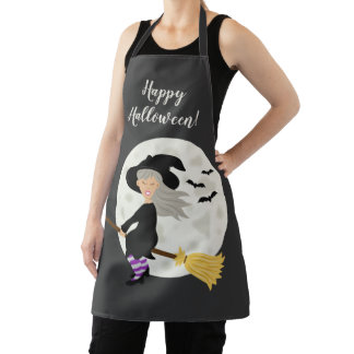 Cute Witch Girl Flying &amp; Happy Halloween Text Apron