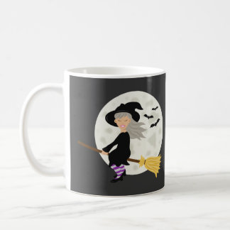 Cute Witch Girl Flying &amp; Happy Halloween Text Coffee Mug