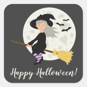 Cute Witch Girl Flying & Happy Halloween Text Square Sticker