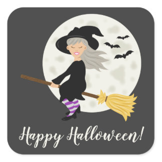 Cute Witch Girl Flying &amp; Happy Halloween Text Square Sticker