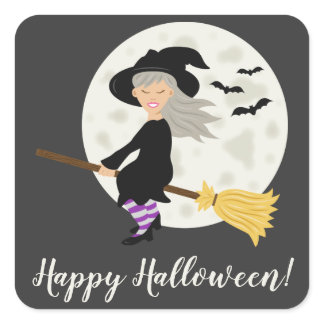 Cute Witch Girl Flying & Happy Halloween Text Square Sticker