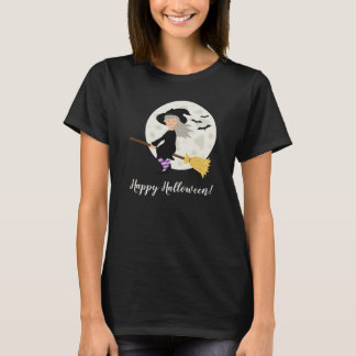 Cute Witch Girl Flying &amp; Happy Halloween Text T-Shirt