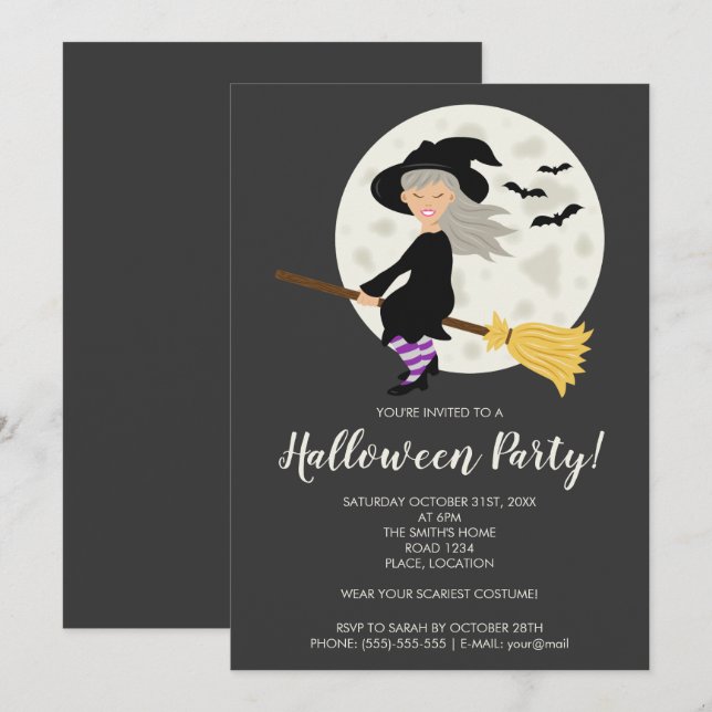 Cute Witch Girl Flying On A Broom Halloween Party Invitation (Front/Back)