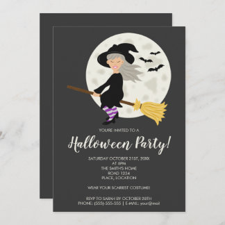 Cute Witch Girl Flying On A Broom Halloween Party Invitation
