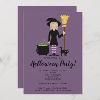 Cute Witch Girl Flying On A Broom Halloween Party Invitation