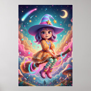 Cute Witch Girl Flying on Broom   Kawaii Fantasy  Poster